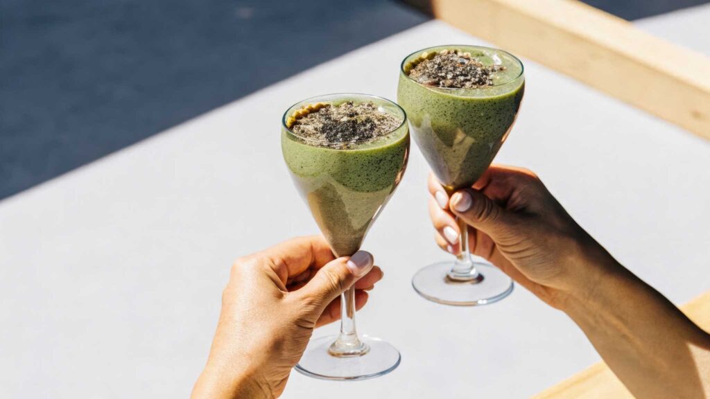Zwei Personen stoßen mit grünen Superfood-Smoothies in Weingläsern an – Symbol für gesunde Ernährung und Biohacking-Lifestyle.