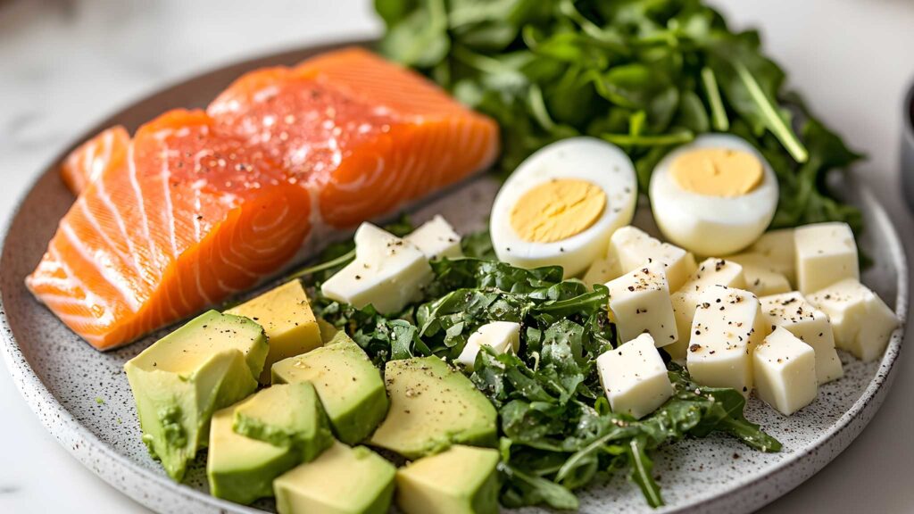 Gesunde Mahlzeit mit frischem Lachs, Avocado, Eiern, Käse und grünem Blattgemüse auf einem Teller – ausgewogene, nährstoffreiche Ernährung im Sinne des Biohackings.