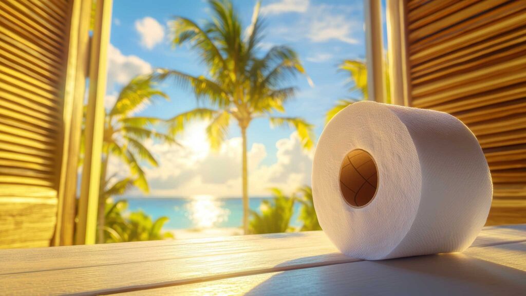 Toilettenpapier vor Palmenstrand: wenn Diarrhoe den Urlaub vermasselt