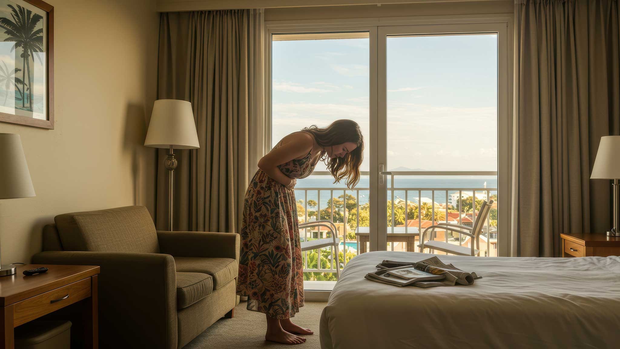Durchfall-im-Urlaub Frau steht gebückt im Hotelzimmer an einem Urlaubsort und hält sich den Bauch: Durchfall im Urlaub