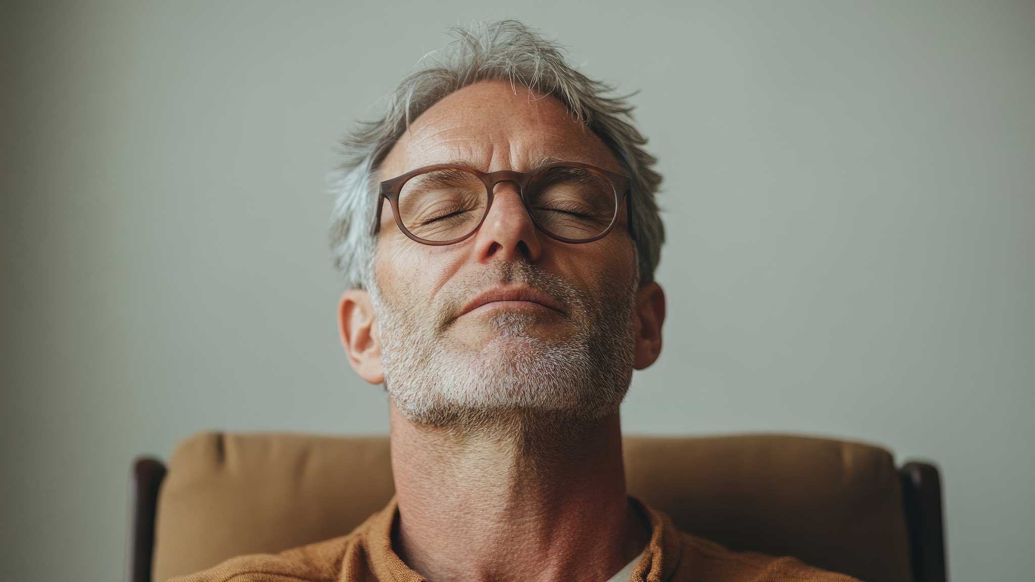 Wechseljahre-Maennner Mann mittleren Alters mit grauen Haaren und Bart sitzt entspannt mit geschlossenen Augen – Sinnbild für innere Ruhe und Achtsamkeit in den männlichen Wechseljahren.