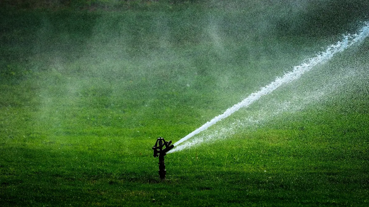Erektionsstörung: Rasenbewässerungsanlage spritzt Wasser auf eine Wiese
